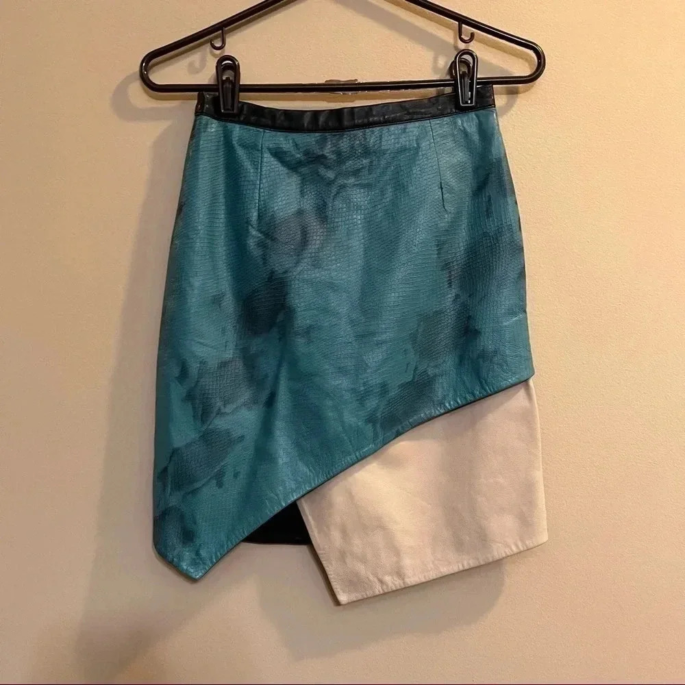 Topshop NWT Teal Green Blue Snakeskin Leather Wrap Pencil Skirt Women's Sz US 2 - Picture 1 of 8